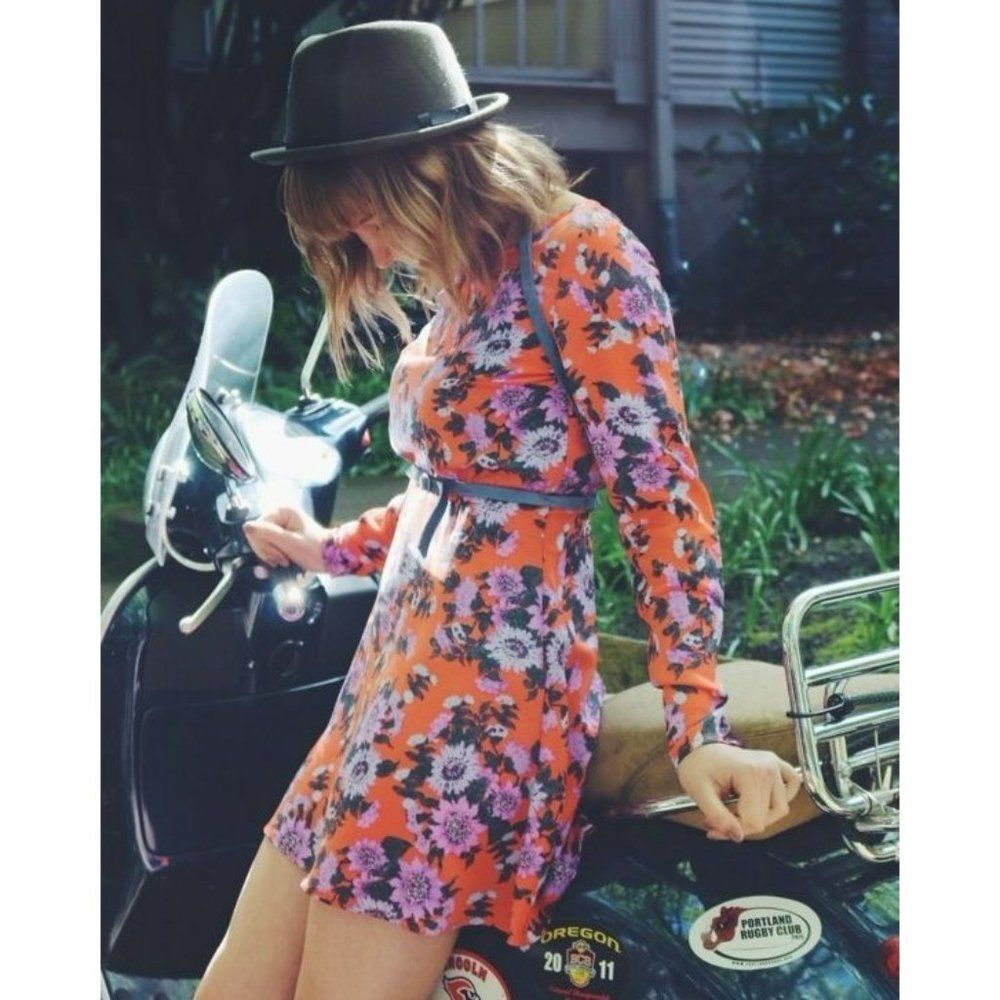 Free People Floral Dress Orange Parker Long Sleeves Womens Size 12 Flowers